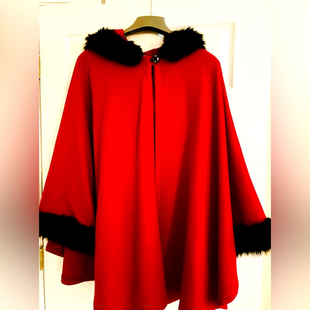 Fur trimmed wool cape